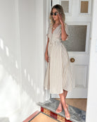 Korbel Dress in Beige Stripe womens beige stripe linen midi styled outfit