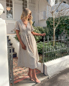 Korbel beige stripe linen midi dress, styled detail