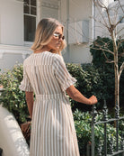 Korbel Dress in Beige Stripe beige stripe linen midi dress full length view