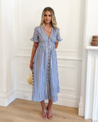 Front view of the Korbel Blue Stripe Linen Midi Dress showing the V-neckline and button-up detail