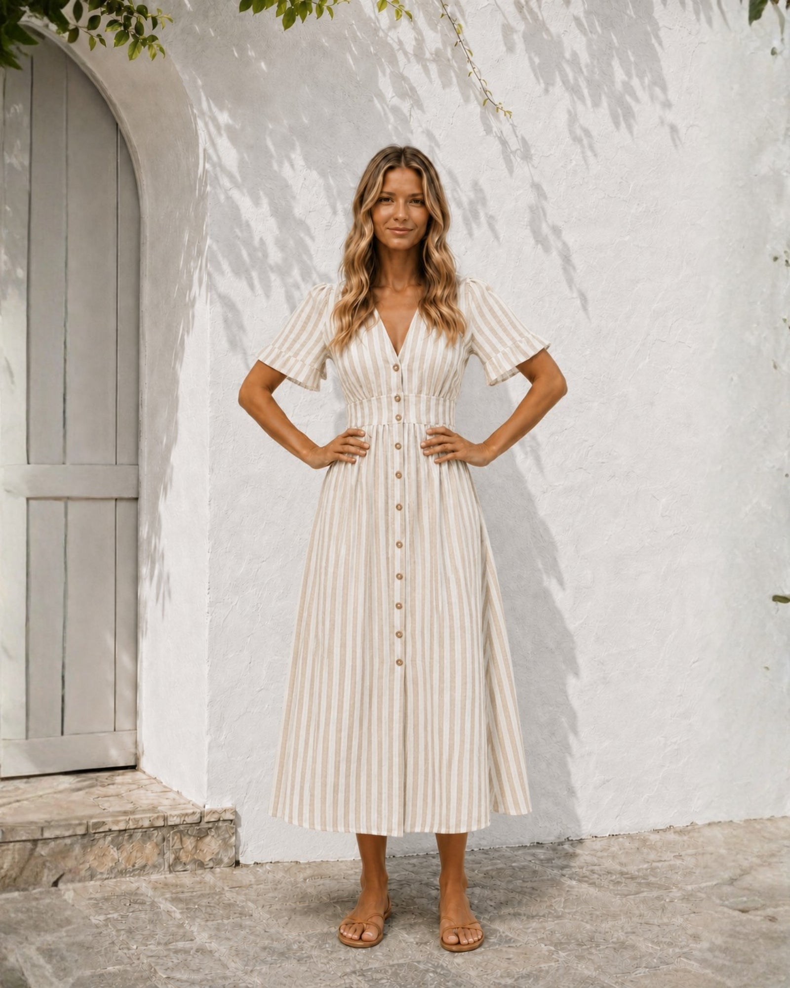 Women's beige stripe linen midi dress, the Korbel Dress in Beige Stripe by Esther & Co