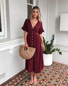 Korbela bordeaux linen midi dress, detail view
