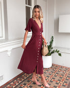 Korbela Dress in Bordeaux bordeaux linen blend midi dress full length view