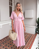 Korbela powder pink linen midi dress, detail view