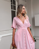 Korbela Dress in Powder Pink womens powder pink linen midi dress styled outfit