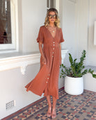 Korbela Dress in Rust burnt rust linen blend midi dress full length view