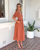 Korbela Dress in Rust womens rust linen midi dress styled outfit