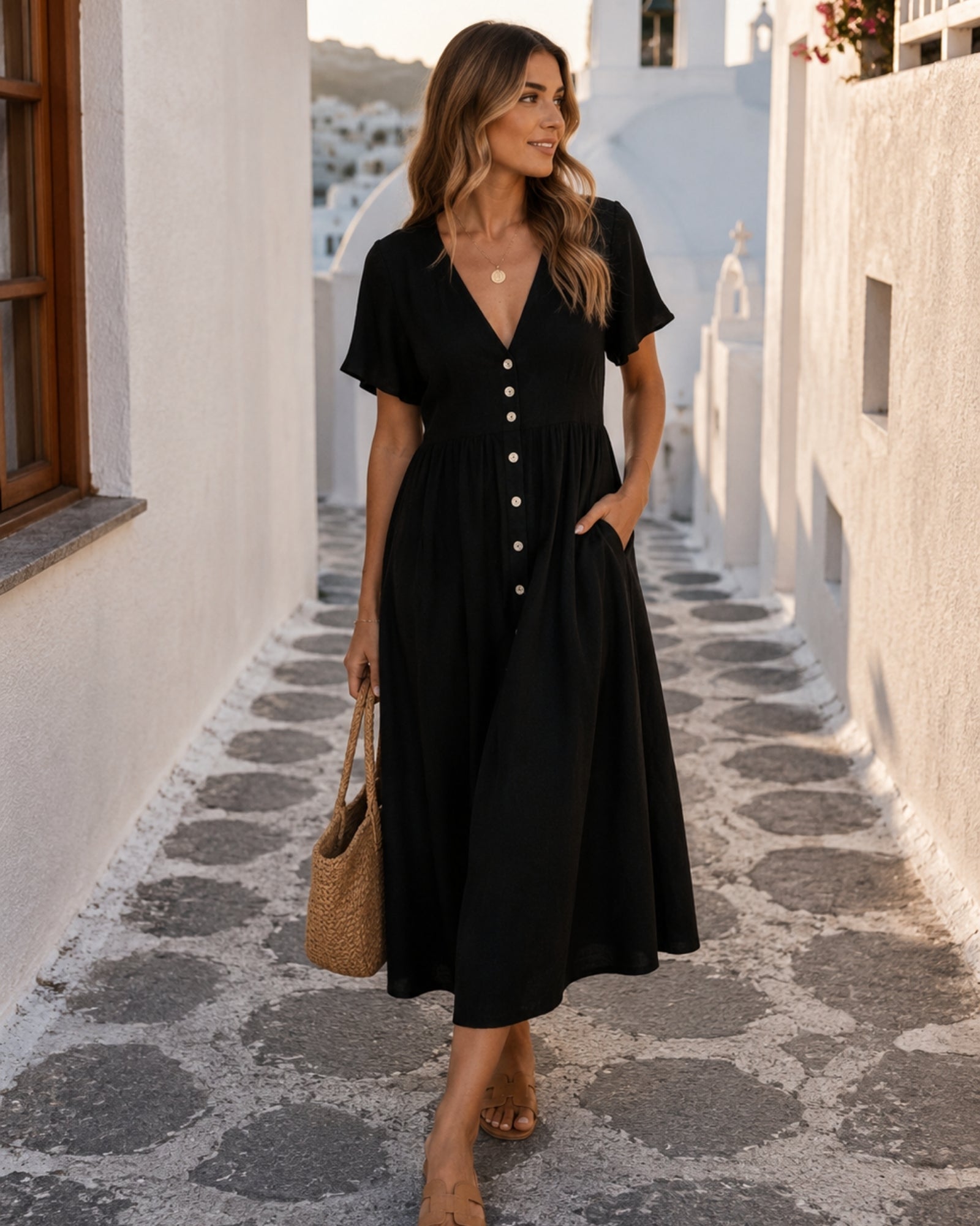 Women's black linen midi dress with V neckline and button-up front, the Korbela Dress in Black by Esther & Co