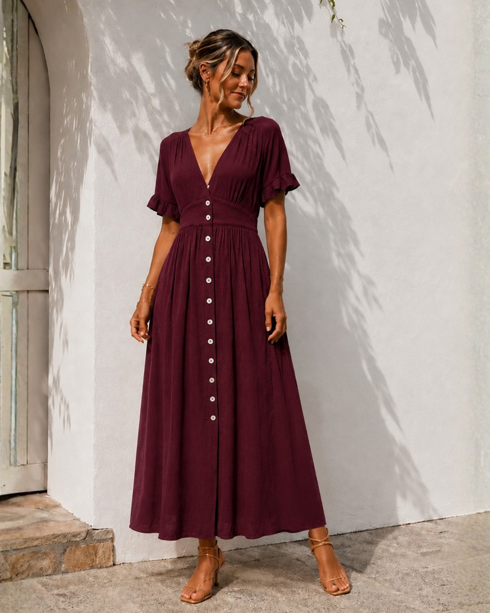 Women's bordeaux linen midi dress, the Korbela Dress in Bordeaux by Esther & Co