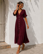 Women's bordeaux linen midi dress front view, the Korbela Dress in Bordeaux by Esther & Co
