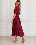 Korbela Dress in Bordeaux, women's linen midi dress by Esther & Co, photo 2