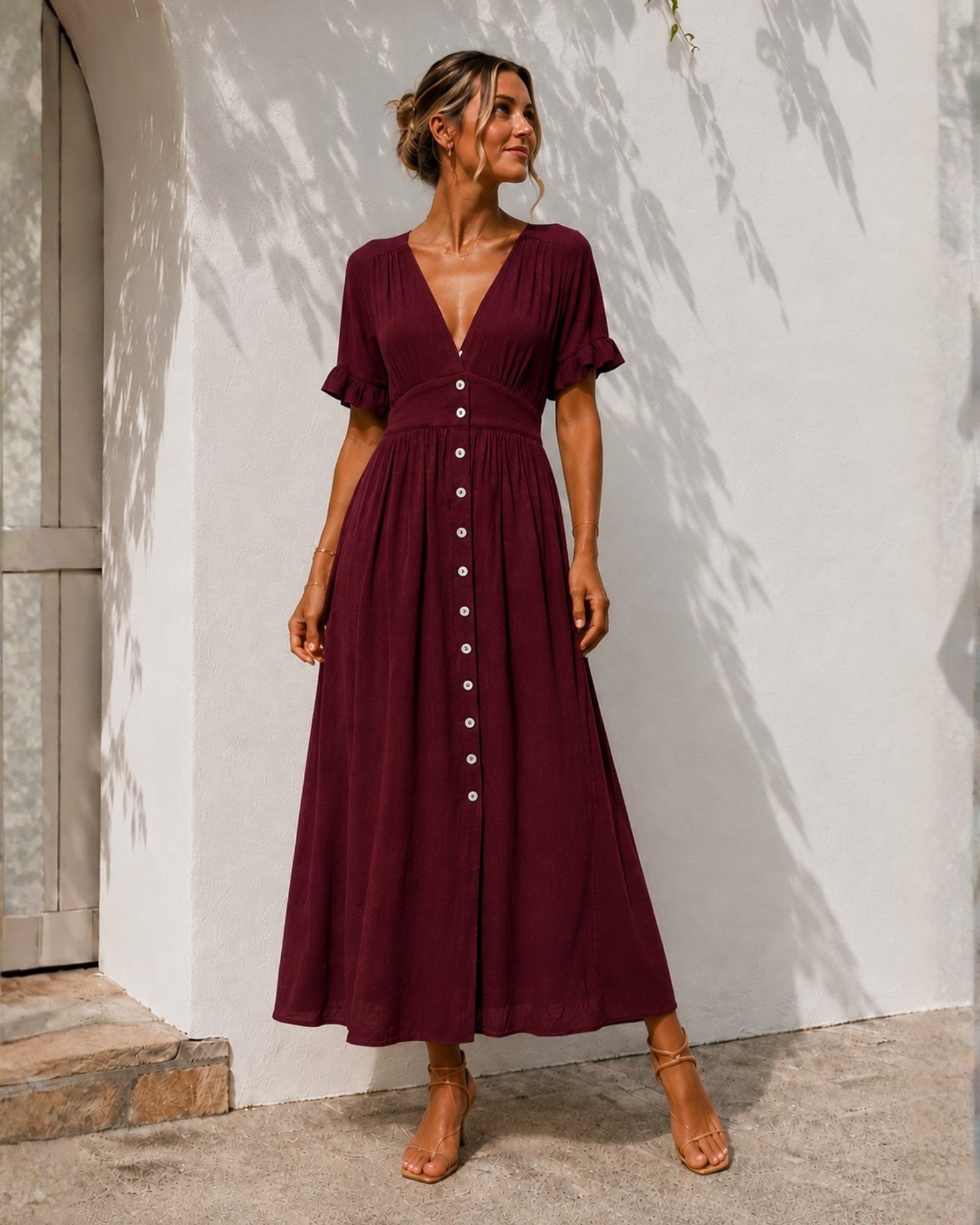 Women's bordeaux linen midi dress side view, the Korbela Dress in Bordeaux by Esther & Co