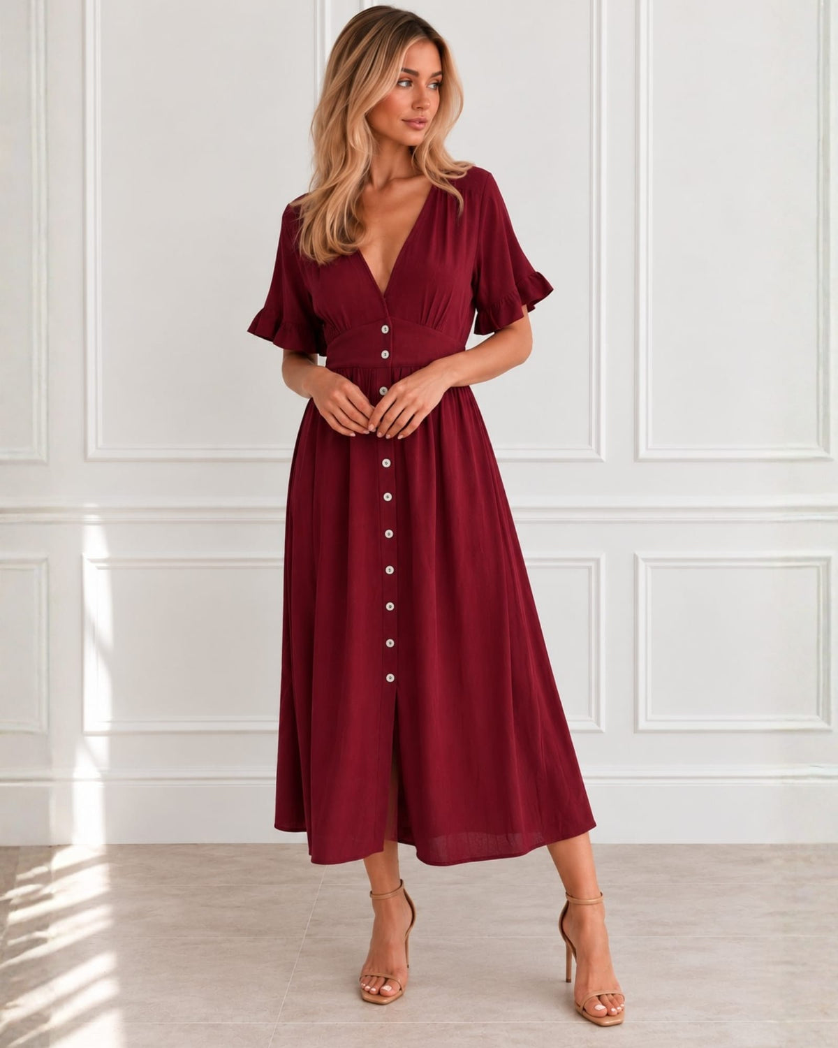 Korbela Dress in Bordeaux, women's linen midi dress by Esther & Co, photo 3