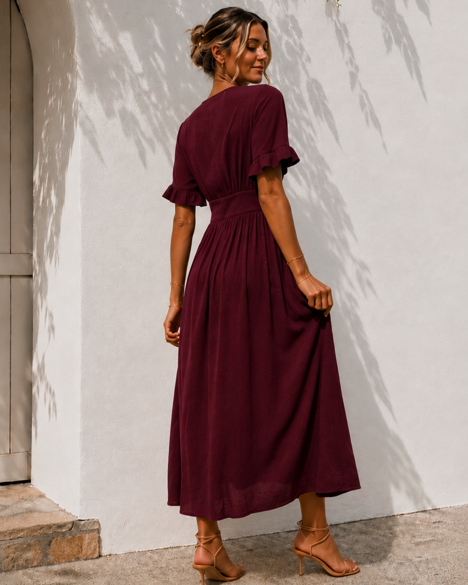 Women's bordeaux linen blend midi dress full length view, the Korbela Dress in Bordeaux by Esther & Co