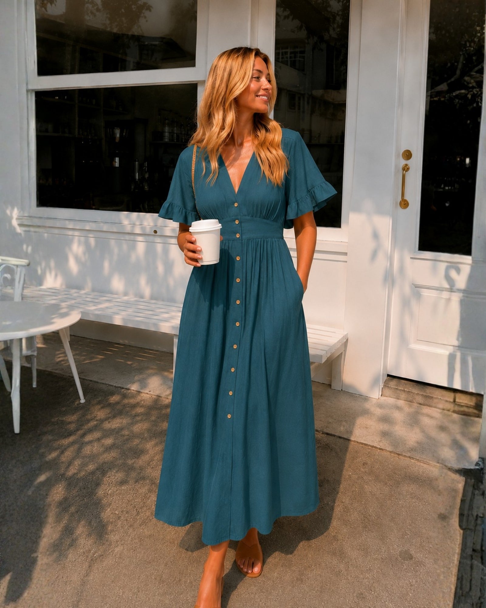 Women's deep green short sleeve linen midi dress, the Korbela Dress in Deep Green by Esther & Co