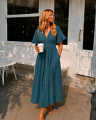 Women's deep green short sleeve linen midi dress, the Korbela Dress in Deep Green by Esther & Co