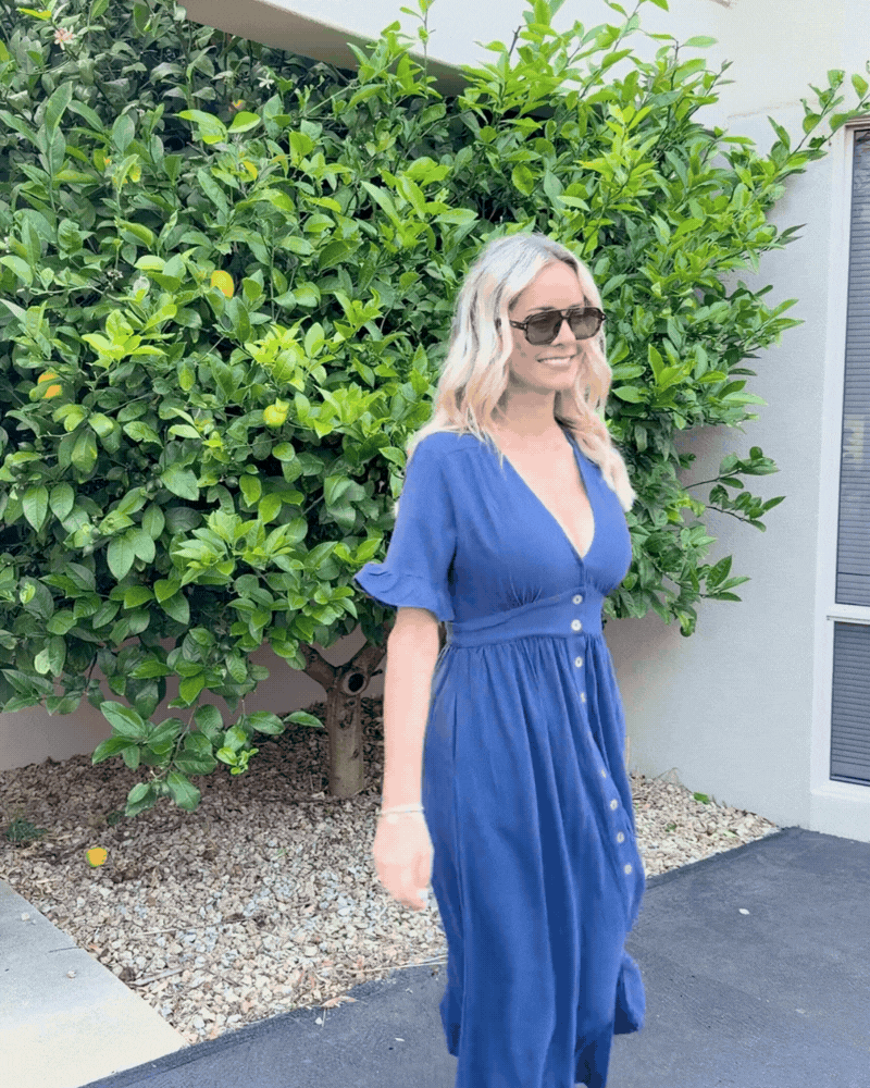 Korbela navy spot print linen midi dress, animation