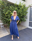 Korbela navy spot print linen midi dress, detail view