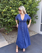 Korbela navy linen midi dress, styled look