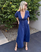 Korbela navy spot print linen midi dress, back view