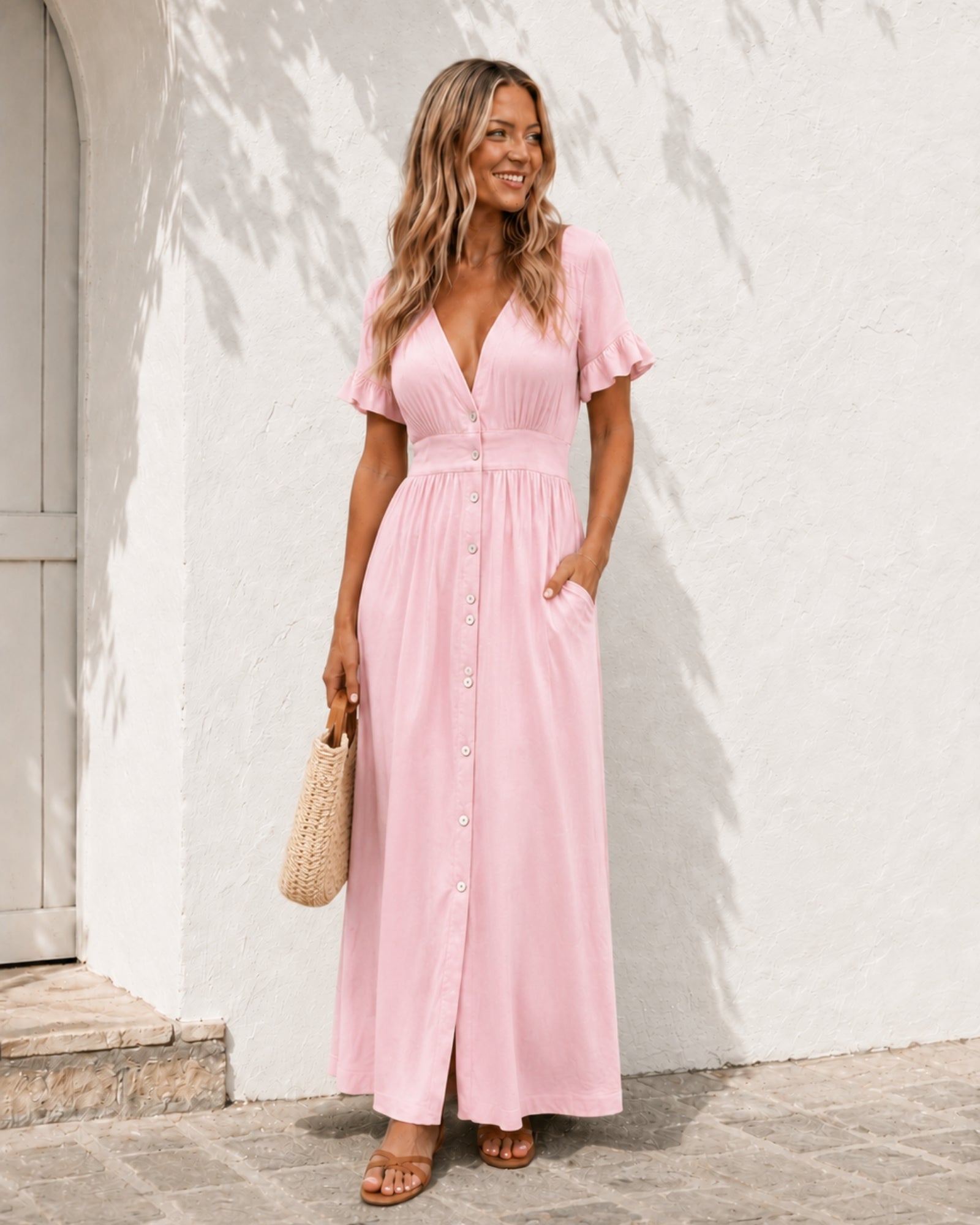 Women's powder pink linen midi dress, the Korbela Dress in Powder Pink by Esther & Co