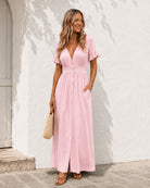 Women's powder pink linen midi dress, the Korbela Dress in Powder Pink by Esther & Co