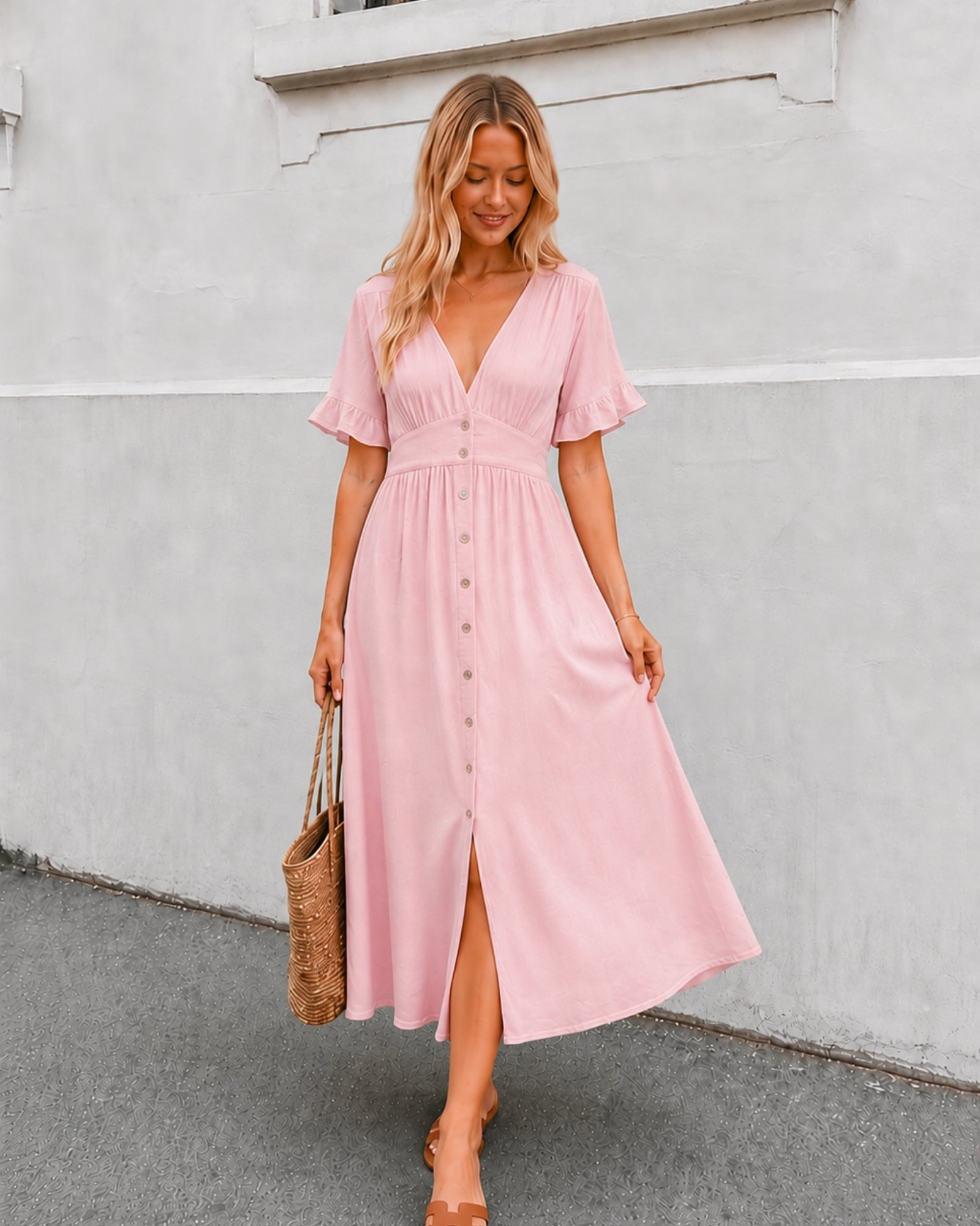 Women's powder pink Korbela dress front view by Esther & Co