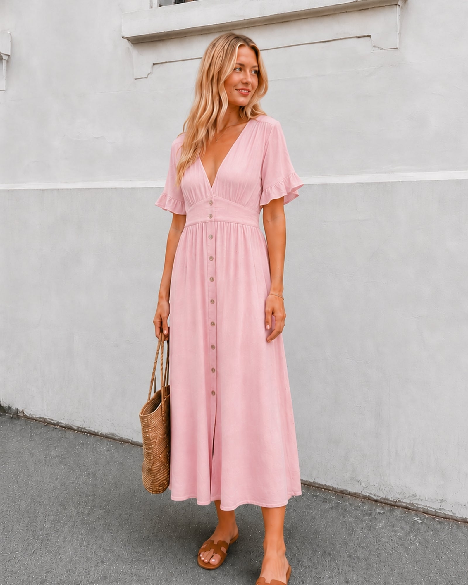 Women's powder pink Korbela dress side view by Esther & Co