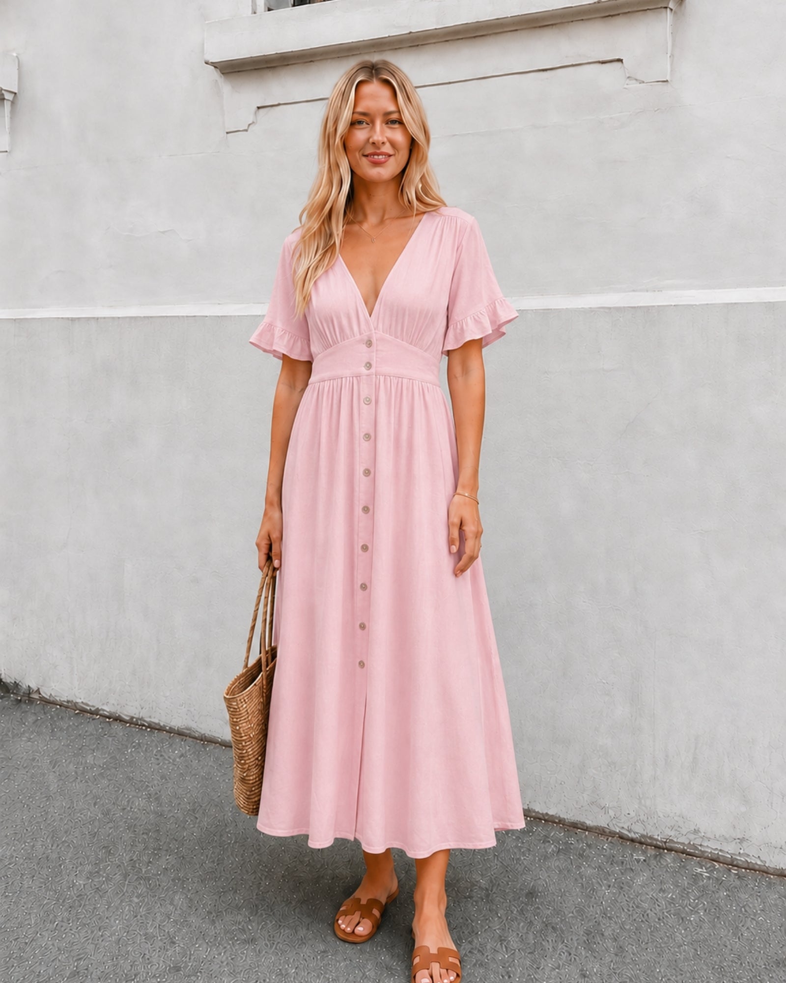 Women's powder pink Korbela dress styled outfit by Esther & Co