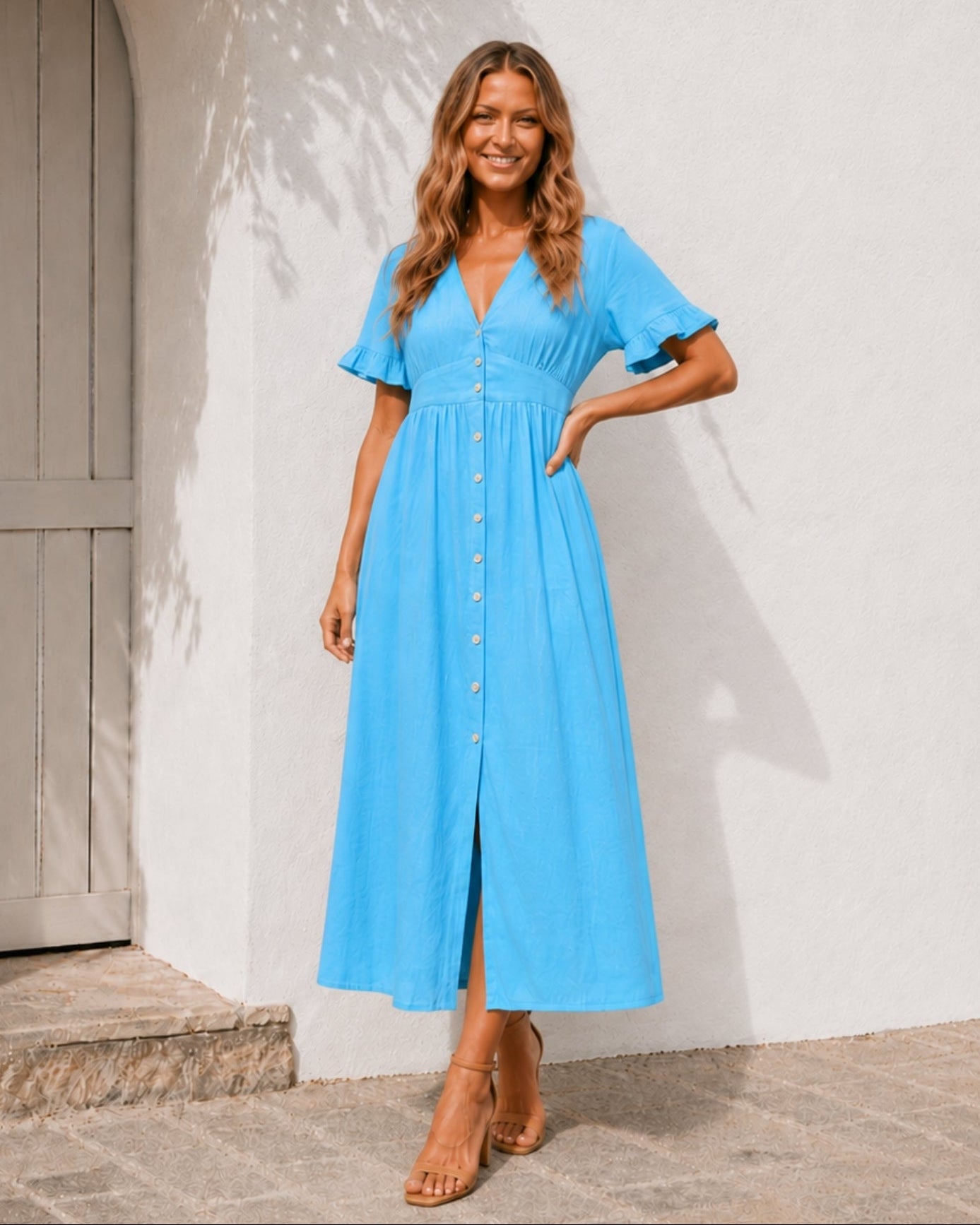 Women's sky blue Korbela dress side view by Esther & Co