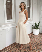 Women's cream shirred midi dress, the Kyline Cream Dress by Esther & Co
