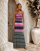 Women's purple and multi printed knit maxi dress front view, the Letty Dress in Bohemian Waves by Esther & Co