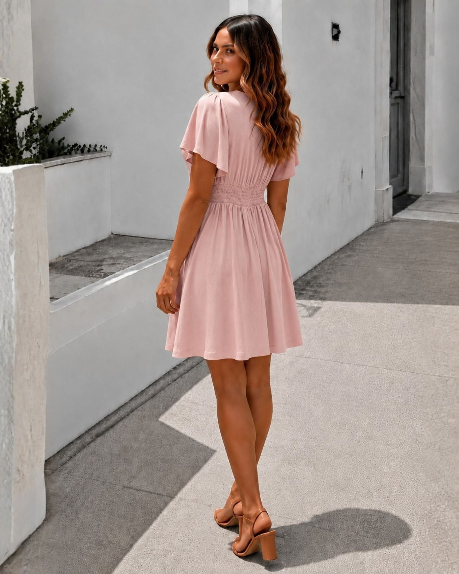 Women's dusty pink cotton linen mini dress side view by Esther & Co