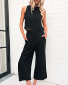 Lighthouse black wide-leg linen pants, front view