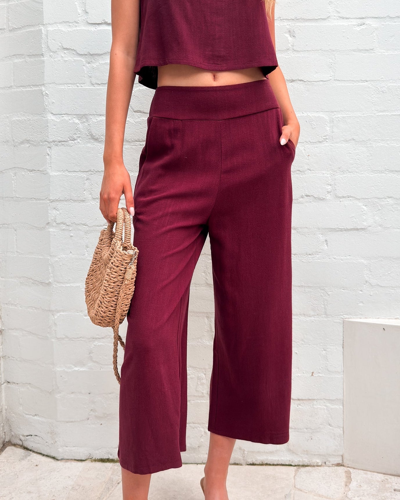 Women's bordeaux wide leg linen pants with cropped silhouette, the Lighthouse Pants in Bordeaux by Esther & Co