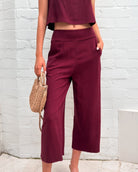 Women's bordeaux wide leg linen pants with cropped silhouette, the Lighthouse Pants in Bordeaux by Esther & Co
