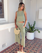 Lighthouse Pants in Sage sage cropped wide leg linen pants styled outfit