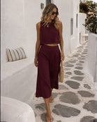 Women's bordeaux wide leg linen pants, the Lighthouse Pants in Bordeaux by Esther & Co