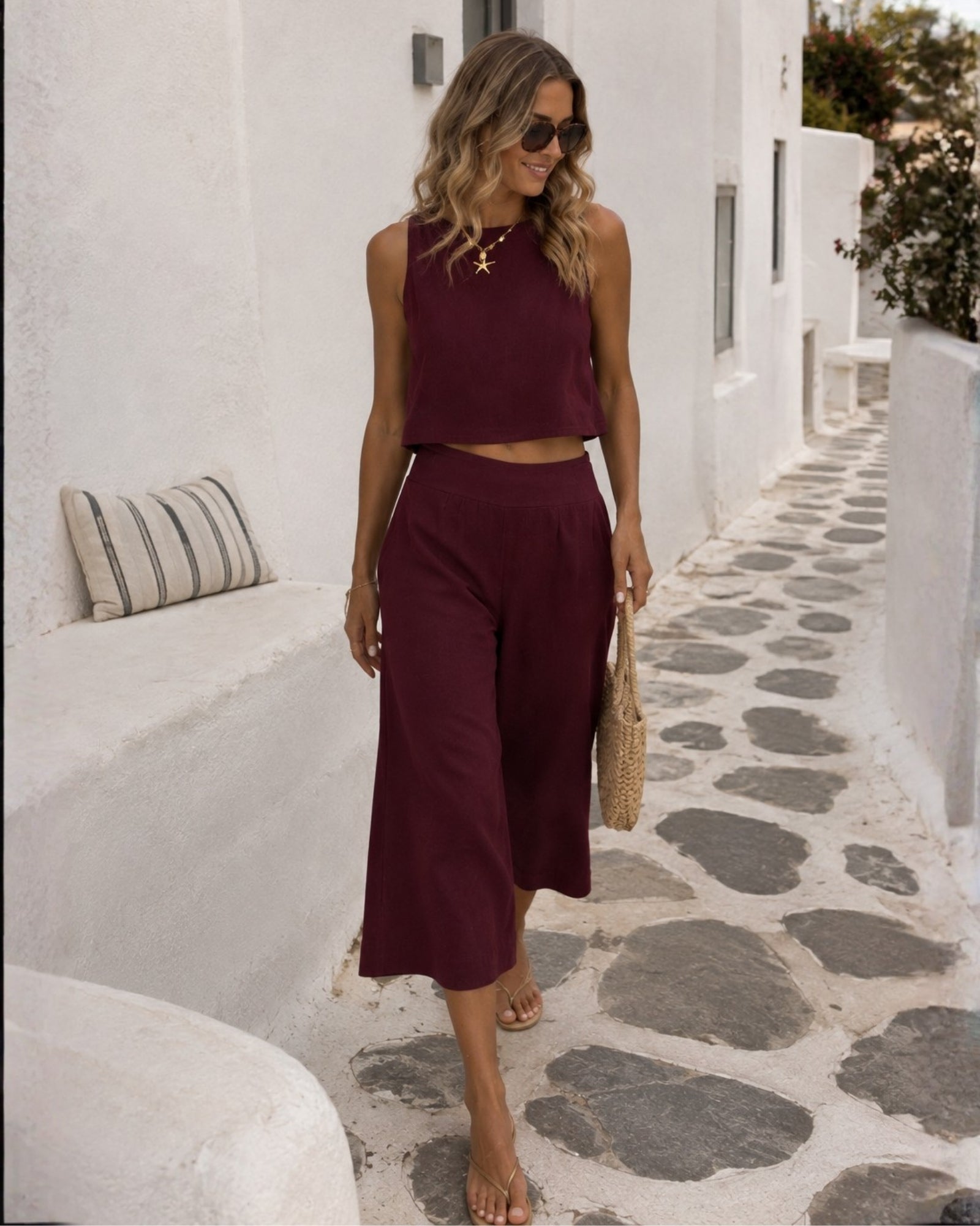 Women's bordeaux wide leg linen pants, the Lighthouse Pants in Bordeaux by Esther & Co