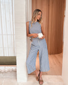 Lizo Pants in Blue Stripe womens wide leg linen pants in blue stripe front view