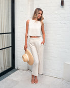 Lizzo Pants in Oatmeal womens wide leg linen pants in warm oatmeal front view