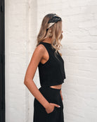 Women's sleeveless black crop top in linen cotton blend by Esther & Co
