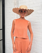 Women's rust linen crop top with button up back detail, the Lizzo Top in Rust by Esther & Co