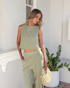 Lizzo Top in Sage womens sleeveless linen crop top in sage front view