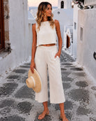 Women's oatmeal wide leg linen pants, the Lizzo Pants in Oatmeal by Esther & Co