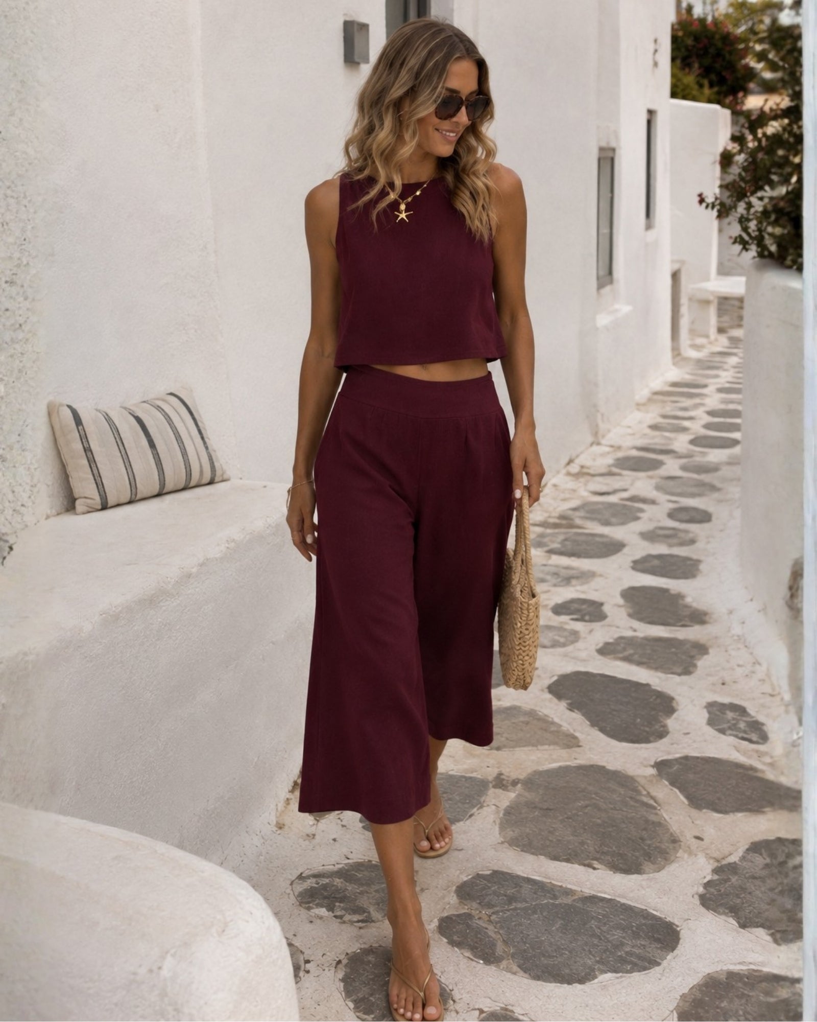 Women's bordeaux sleeveless linen crop top, the Lizzo Top in Bordeaux by Esther & Co