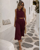 Women's bordeaux sleeveless linen crop top, the Lizzo Top in Bordeaux by Esther & Co