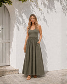 Women's khaki cotton maxi dress with scoop neck and frill detail, the Lucienne Dress in Khaki by Esther & Co