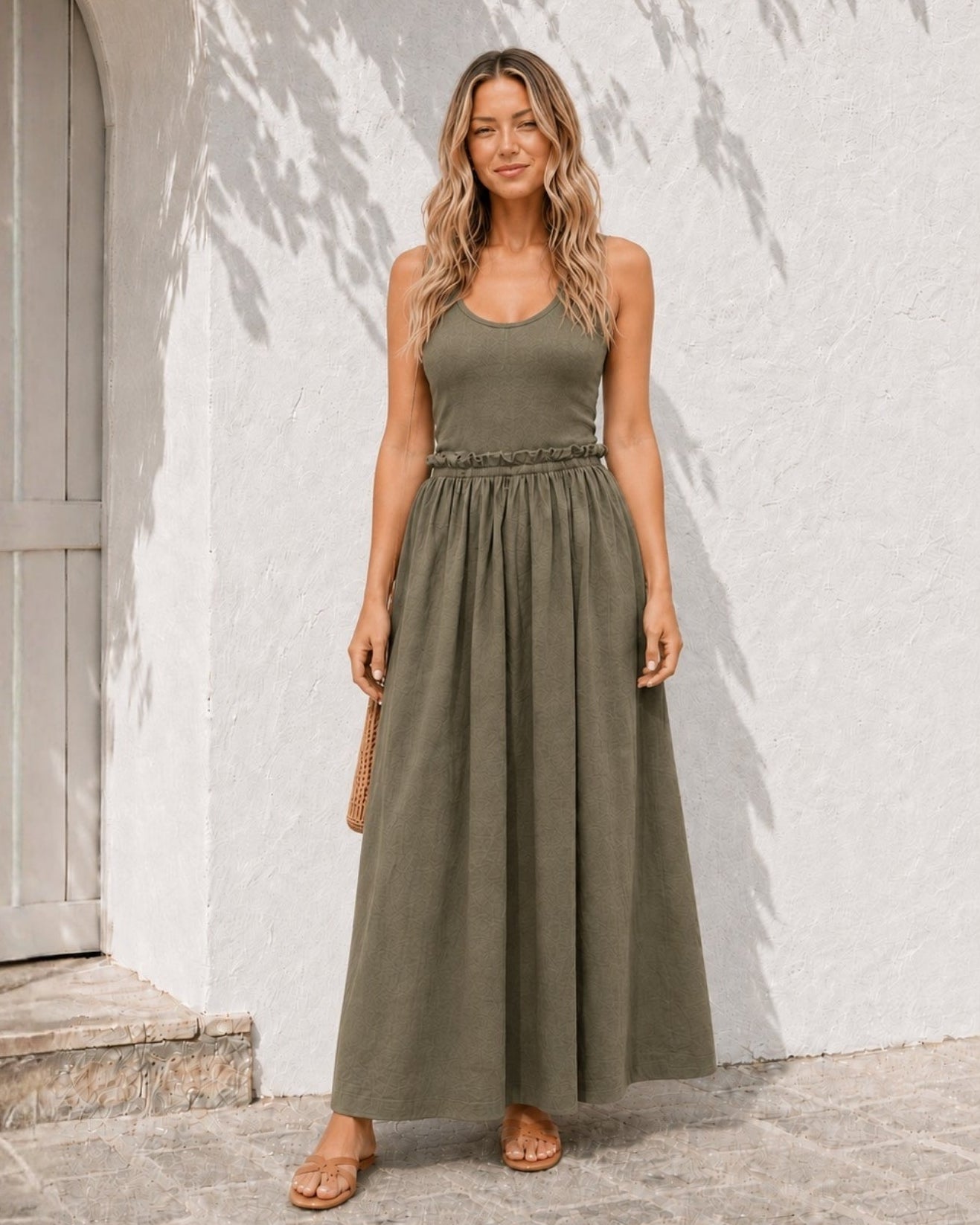 Women's khaki cotton maxi dress front view, the Lucienne Dress in Khaki by Esther & Co