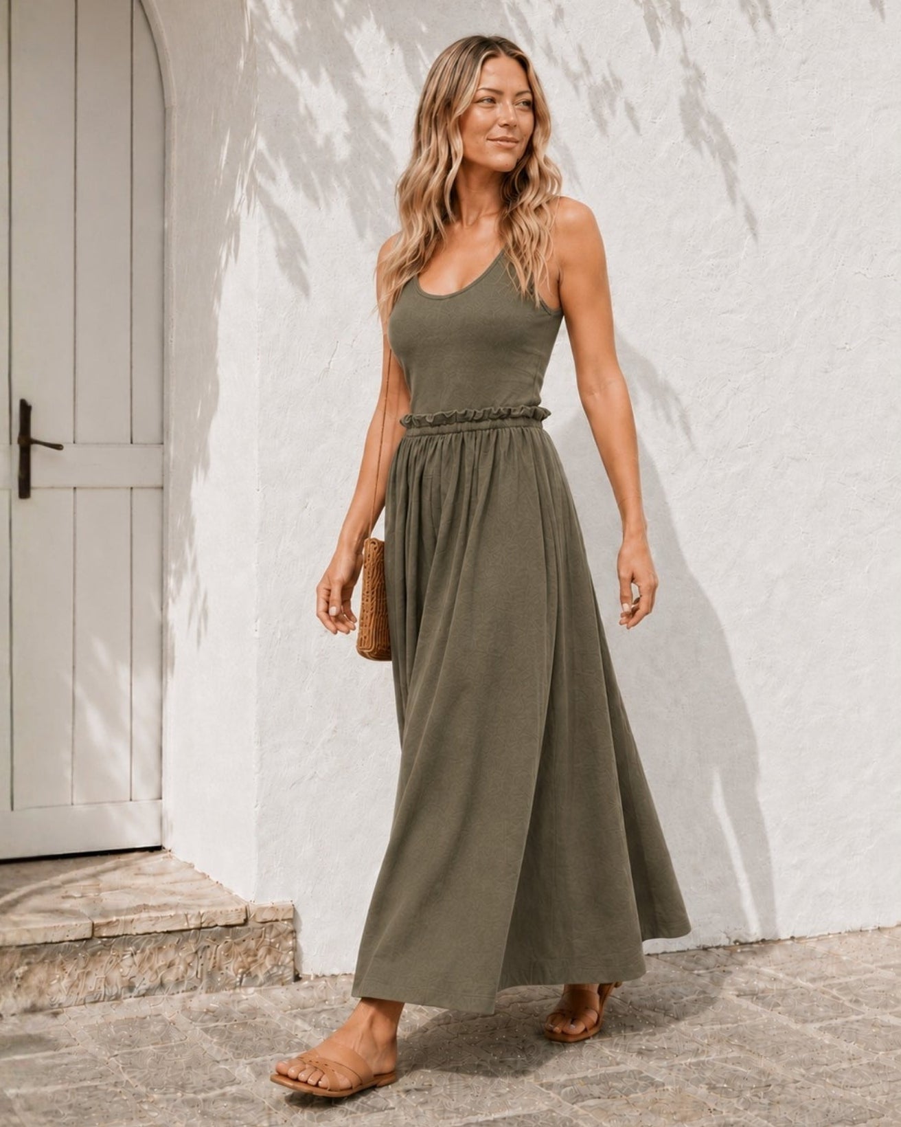 Women's khaki cotton maxi dress back view, the Lucienne Dress in Khaki by Esther & Co